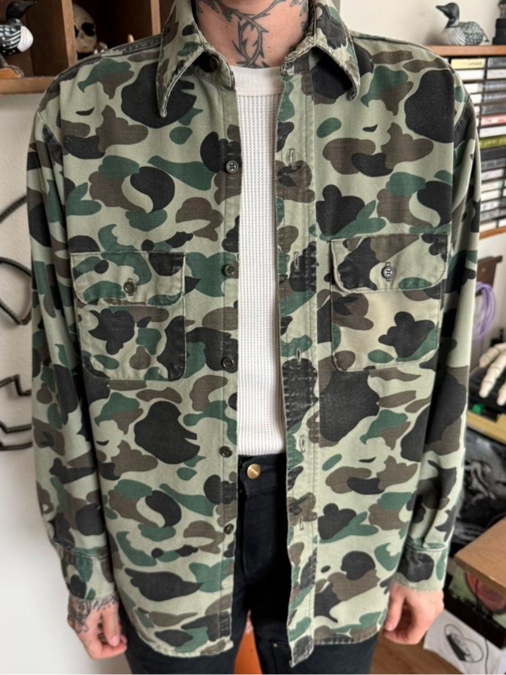 Vintage 70s Duck Camo Button Down Shirt Five Brother ~ Size Medium